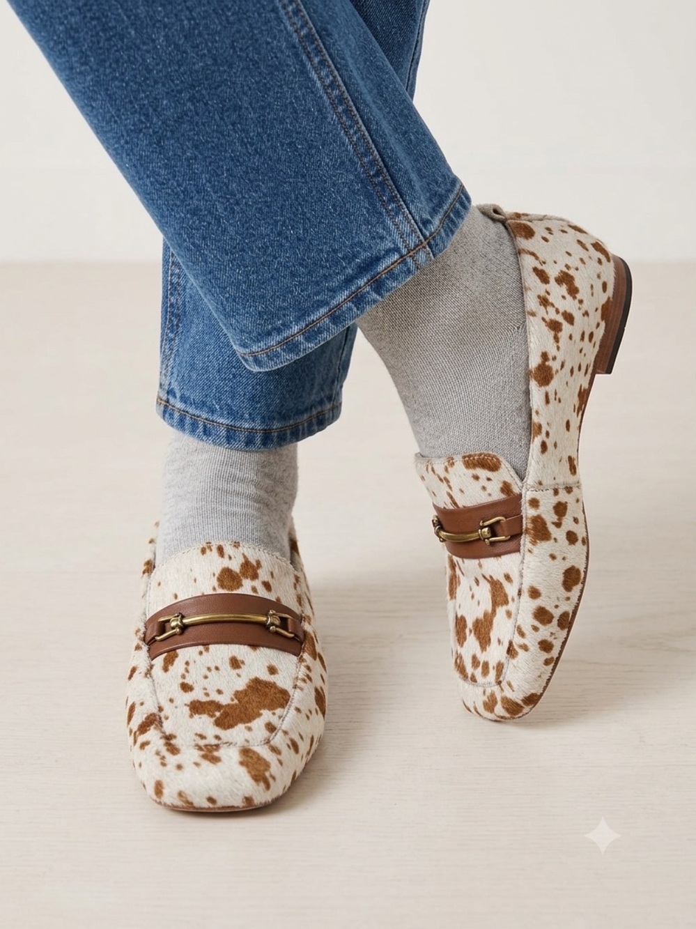 Able 7.5 Cow Print Brown White Calf Hair
Leather Metal Snaffle Loafers